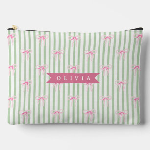 Personalised Pink Bow Green Stripe Coquette Preppy Accessory Pouch