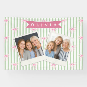 Personalised Pink Bow Green Stripe Coquette Preppy Banner