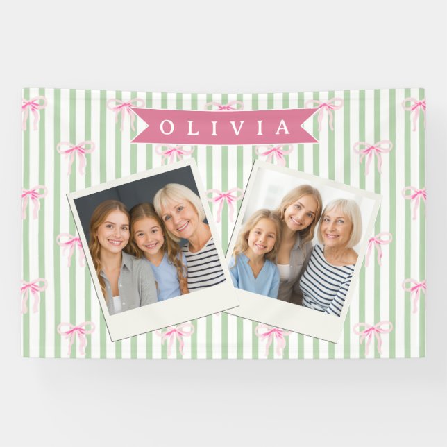 Personalised Pink Bow Green Stripe Coquette Preppy Banner (Horizontal)