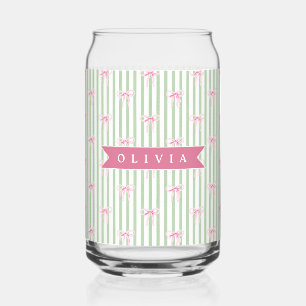 Personalised Pink Bow Green Stripe Coquette Preppy Can Glass