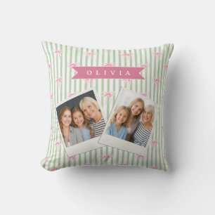 Personalised Pink Bow Green Stripe Coquette Preppy Cushion