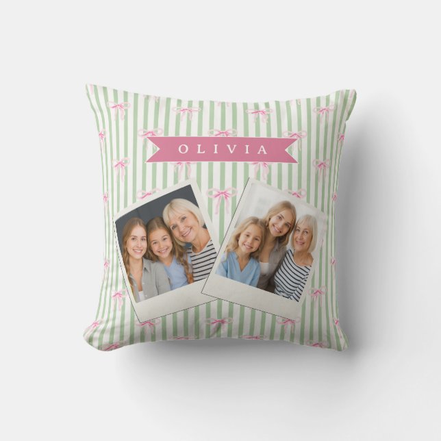 Personalised Pink Bow Green Stripe Coquette Preppy Cushion (Front)