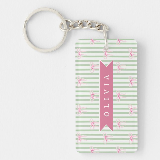 Personalised Pink Bow Green Stripe Coquette Preppy Key Ring (Front)