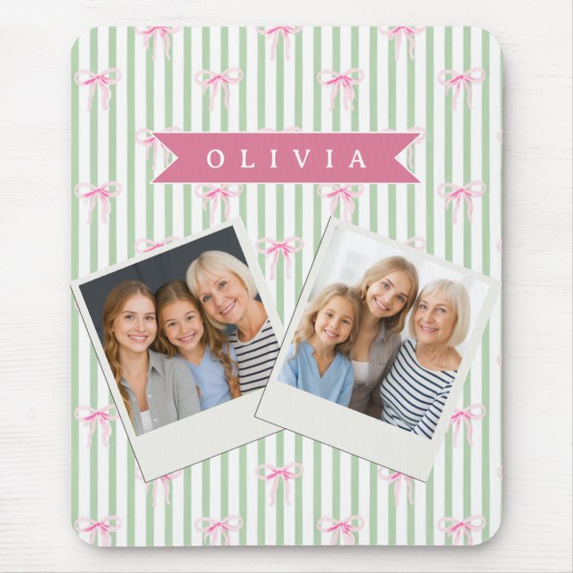 Personalised Pink Bow Green Stripe Coquette Preppy Mouse Pad (Front)