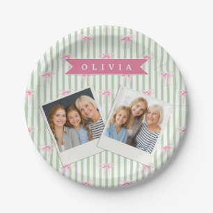 Personalised Pink Bow Green Stripe Coquette Preppy Paper Plate