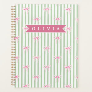 Personalised Pink Bow Green Stripe Coquette Preppy Planner
