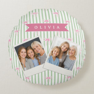 Personalised Pink Bow Green Stripe Coquette Preppy Round Cushion