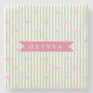 Personalised Pink Bow Green Stripe Coquette Preppy Stone Coaster