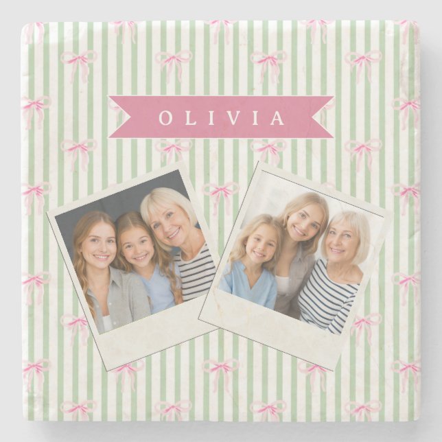 Personalised Pink Bow Green Stripe Coquette Preppy Stone Coaster (Front)