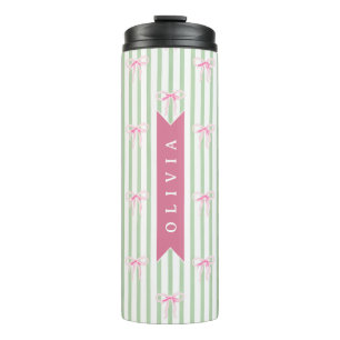 Personalised Pink Bow Green Stripe Coquette Preppy Thermal Tumbler