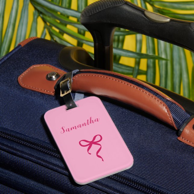 Personalised Pink Bow Luggage Tag (Front Insitu 1)