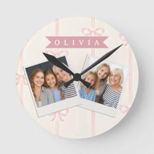 Personalised Pink Bow Name Gift Elegant Coquett Round Clock