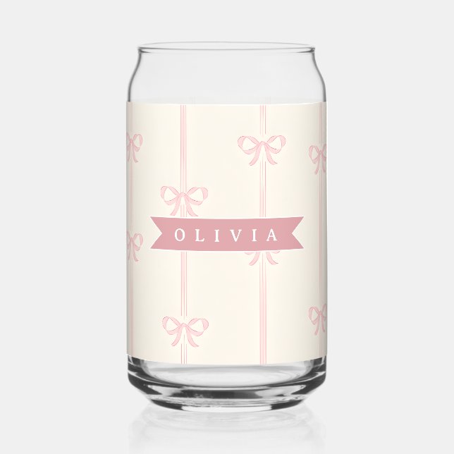 Personalised Pink Bow Name Gift Elegant Coquette Can Glass (Front)