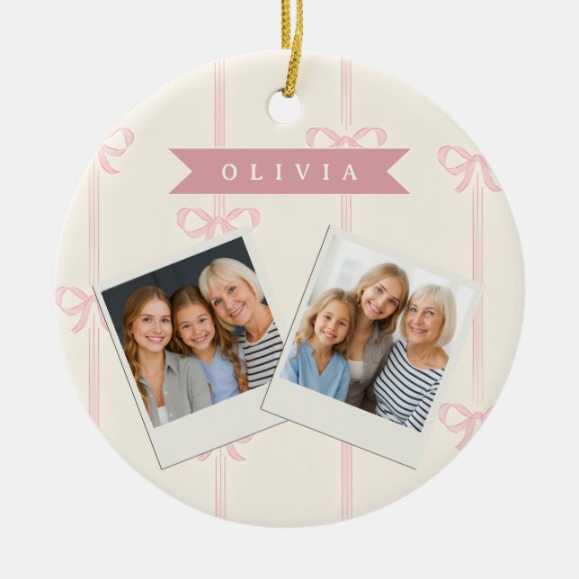 Personalised Pink Bow Name Gift Elegant Coquette Ceramic Tree Decoration (Front)