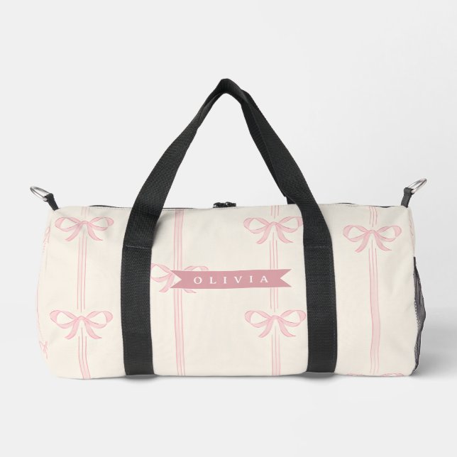Personalised Pink Bow Name Gift Elegant Coquette Duffle Bag (Front)