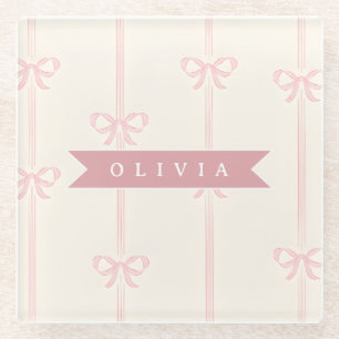 Personalised Pink Bow Name Gift Elegant Coquette Glass Coaster