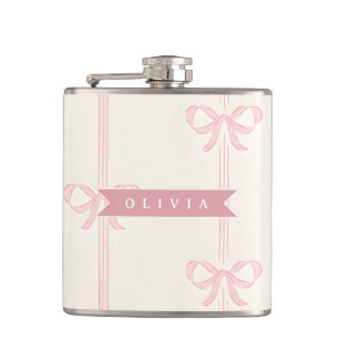 Personalised Pink Bow Name Gift Elegant Coquette Hip Flask
