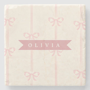 Personalised Pink Bow Name Gift Elegant Coquette Stone Coaster
