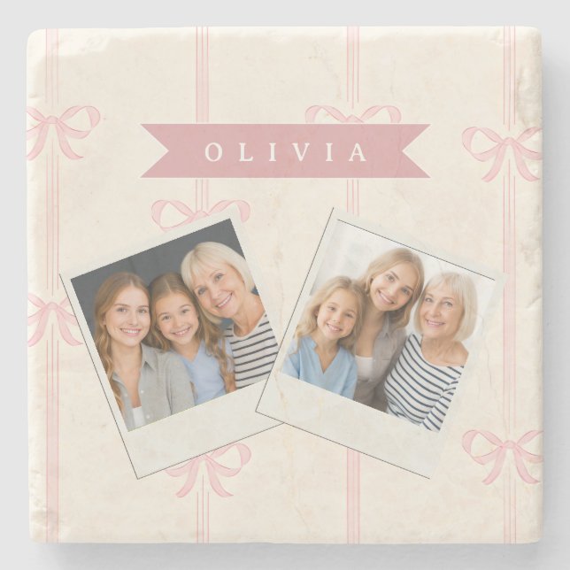 Personalised Pink Bow Name Gift Elegant Coquette Stone Coaster (Front)