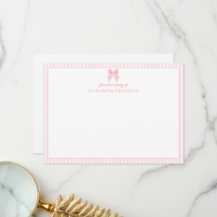 Personalised Pink Bow Stripe Baby Girl Stationery Thank You Card