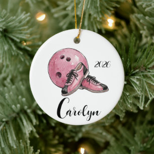 Personalised Pink Bowling Christmas Ceramic Tree Decoration