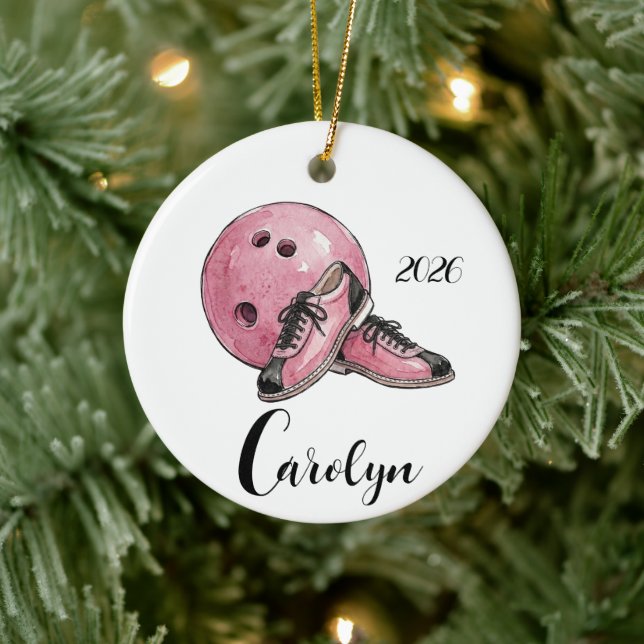 Personalised Pink Bowling Christmas  Ceramic Tree Decoration (Tree)