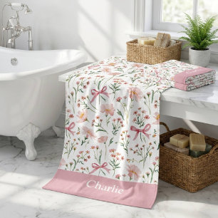 Personalised Pink Bows and Flowers Bath Towel