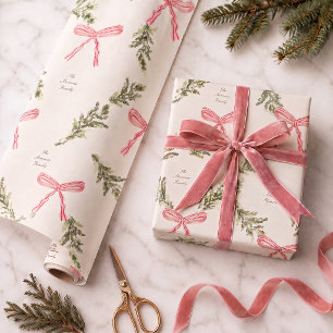Personalised Pink Bows Greenery Preppy Christmas Wrapping Paper