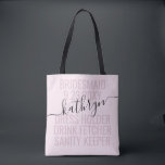 Personalised Pink Bridesmaid Name Custom Tote Bag<br><div class="desc">Personalised Pink and Black Bridesmaid Name Custom Tote Bag with editable text and wording for your date,  destination or location,  name,  and fun quote like "dress holder,  drink fetcher,  sanity keeper" makes a fun and useful keepsake for all your bridesmaids.</div>