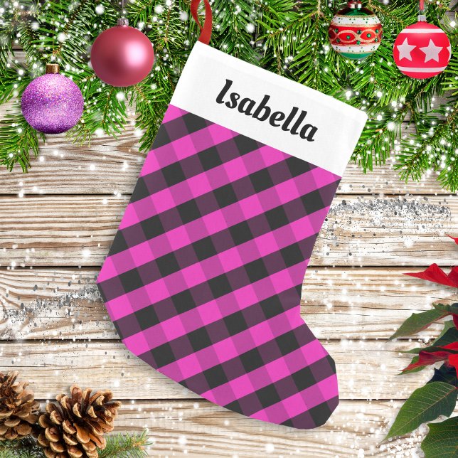 Personalised Pink Buffalo Plaid Check Rustic  Small Christmas Stocking (A Christmas stocking with pink and black buffalo plaid pattern. Personalize with a name at the top.)
