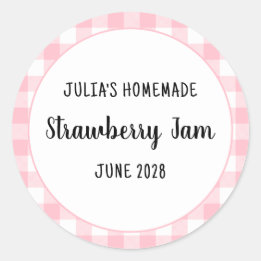 Personalised Pink Buffalo Plaid Strawberry Jam Classic Round Sticker