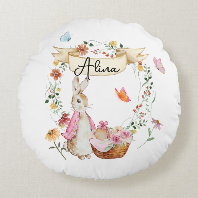 Personalised Pink Bunny Easter Watercolor  Round Cushion (Front)