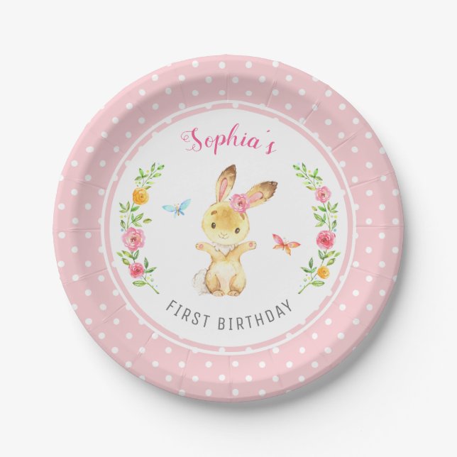 Personalised Pink Bunny Girl First Birthday Party Paper Plate (Front)