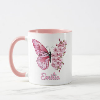 Personalised Pink Butterfly & Cherry Blossom Mug