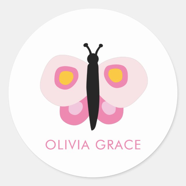 Personalised Pink Butterfly Girls Classic Round Sticker (Front)