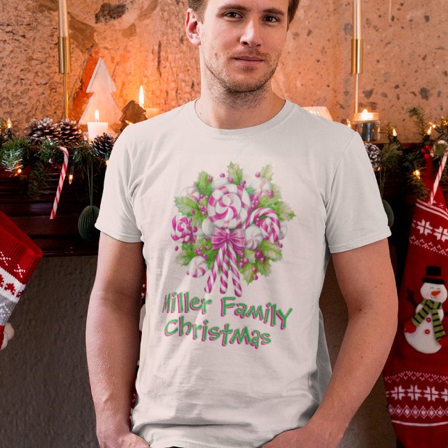 Personalised Pink Candy Cane Family Christmas  T-Shirt (Personalize with your family name!)