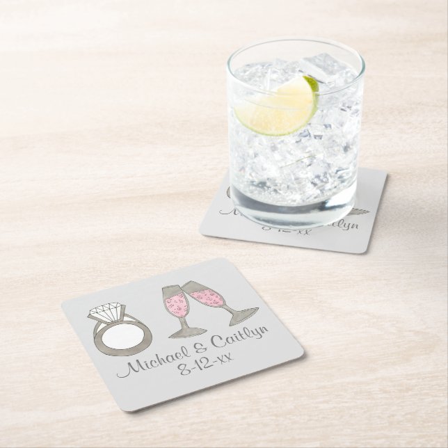 Personalised Pink Champagne Diamond Wedding Ring Square Paper Coaster (Insitu)