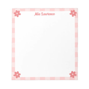 Personalised Pink Chequered Border Retro Flowers Notepad