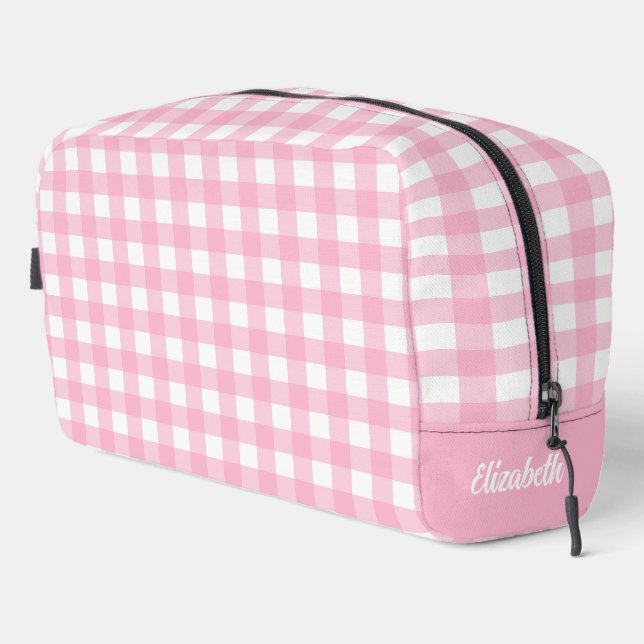 Personalised Pink Chequered Plaid Dopp Kit (Right Corner)