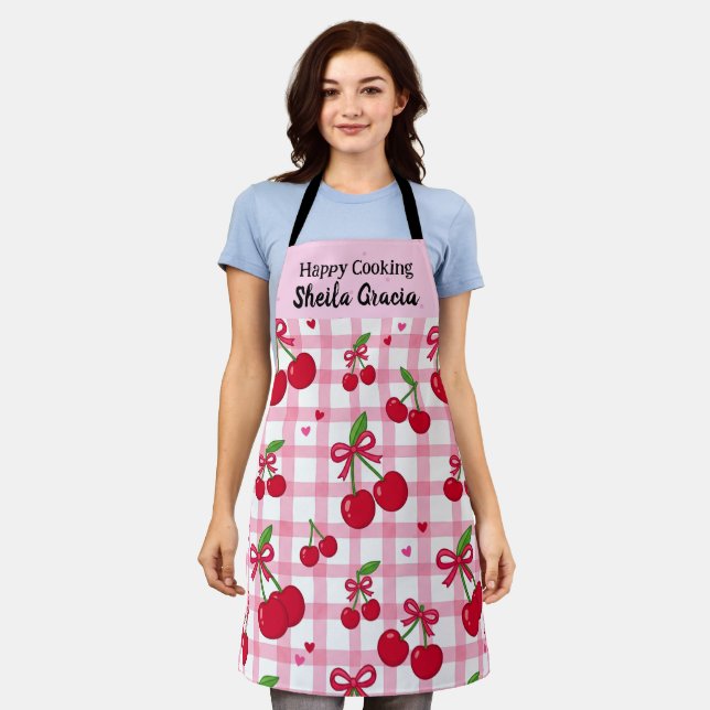 Personalised Pink Cherry Apron with Custom Name (Worn)