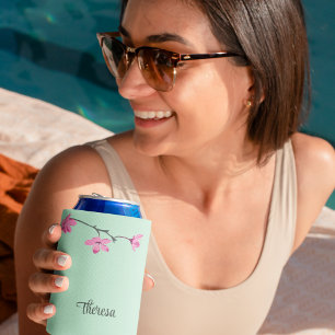 Personalised Pink Cherry Blossom Mint Green Can Cooler