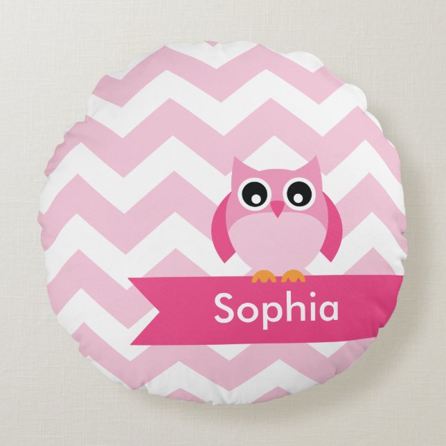 Personalised Pink Chevron Owl Round Cushion (Front)