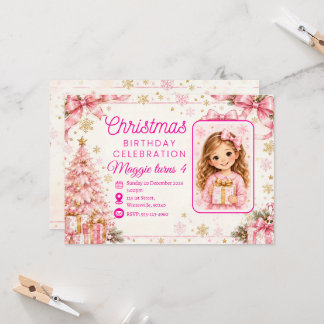 Personalised Pink Christmas Birthday Invitation |