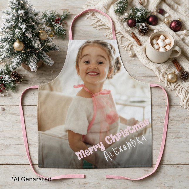 Personalised Pink Christmas Modern Photo Text Apron (Creator Uploaded)
