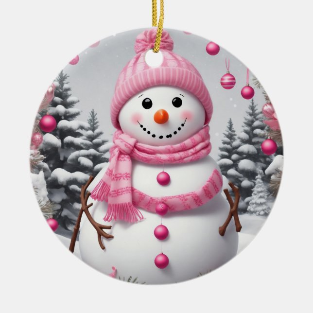 Personalised Pink Christmas Snowman Ceramic Tree Decoration (Front)