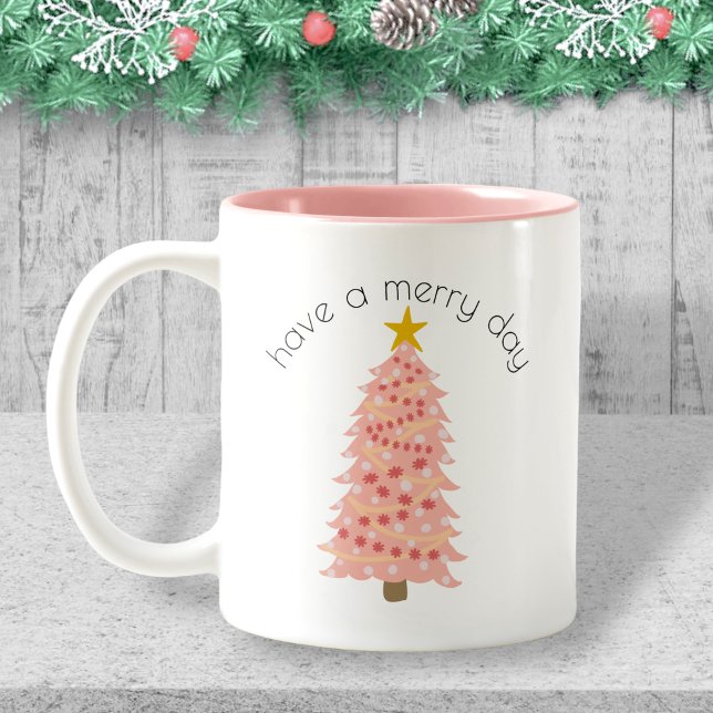 Personalised Pink Christmas Tree Have A Merry Day Two-Tone Coffee Mug (Creator Uploaded)
