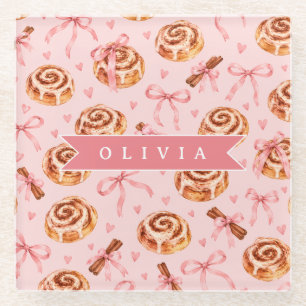 Personalised Pink Cinnamon Roll Coquette Bow Girly Glass Coaster