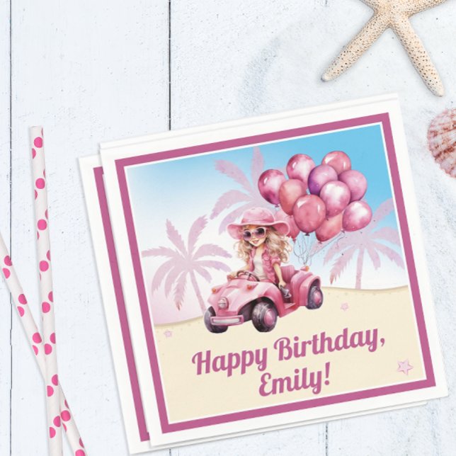 Personalised Pink Convertible Beach Birthday Napkin (A fun beach party napkin adds a touch of whimsy to the birthday girl's celebration )