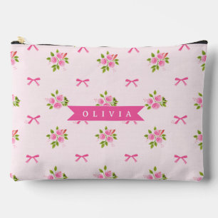 Personalised Pink Coquette Girly Bow Floral Name Accessory Pouch