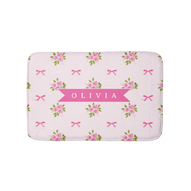 Personalised Pink Coquette Girly Bow Floral Name Bath Mat (Front)